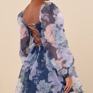 Lulus Positively Enchanting Blue Floral Organza Bustier Mini Dress - Size L
